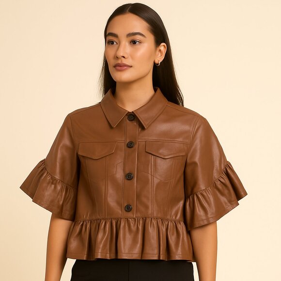 TOV Los Angeles Brown Faux Leather Cropped Jacket Raw Cut Ruffled NWT Size 12 - Picture 1 of 7